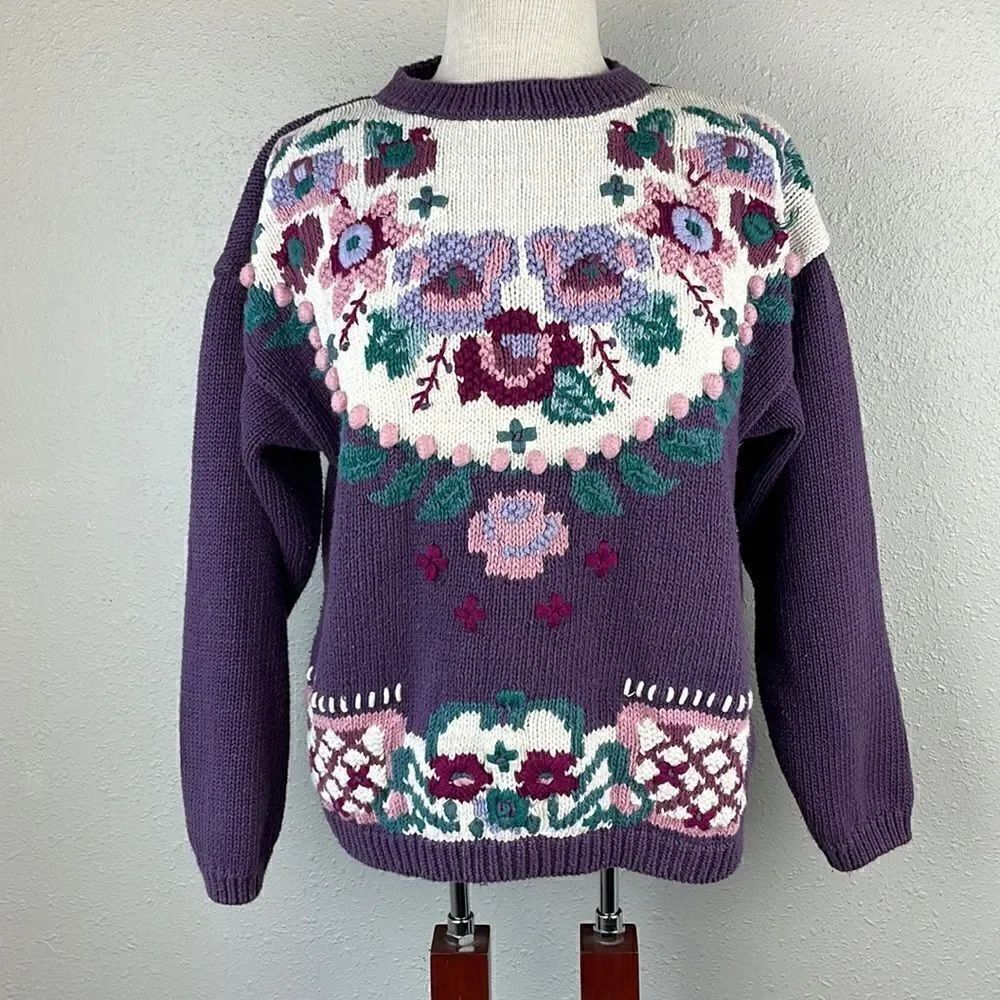 Vintage Russ Floral Stitched Sweater Size M EUC